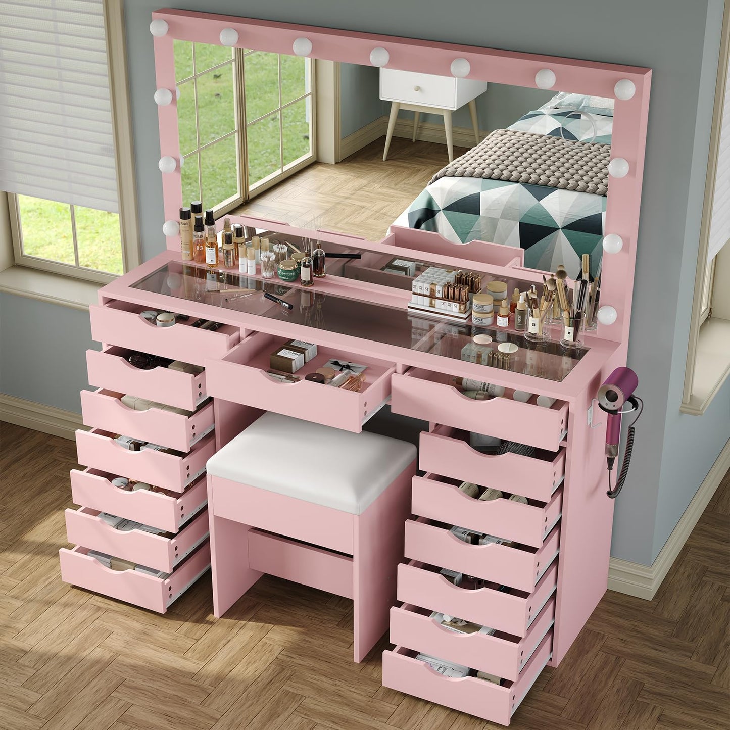 Yanosaku 15 Drawers Vanity Desk with Power Outlet, Makeup Table with Mirror and 13 LED Lights, 3 Color Lighting Modes, Brightness Adjustable, Glass Top Dressing Table, Vanity Set for Bedroom (Pink)