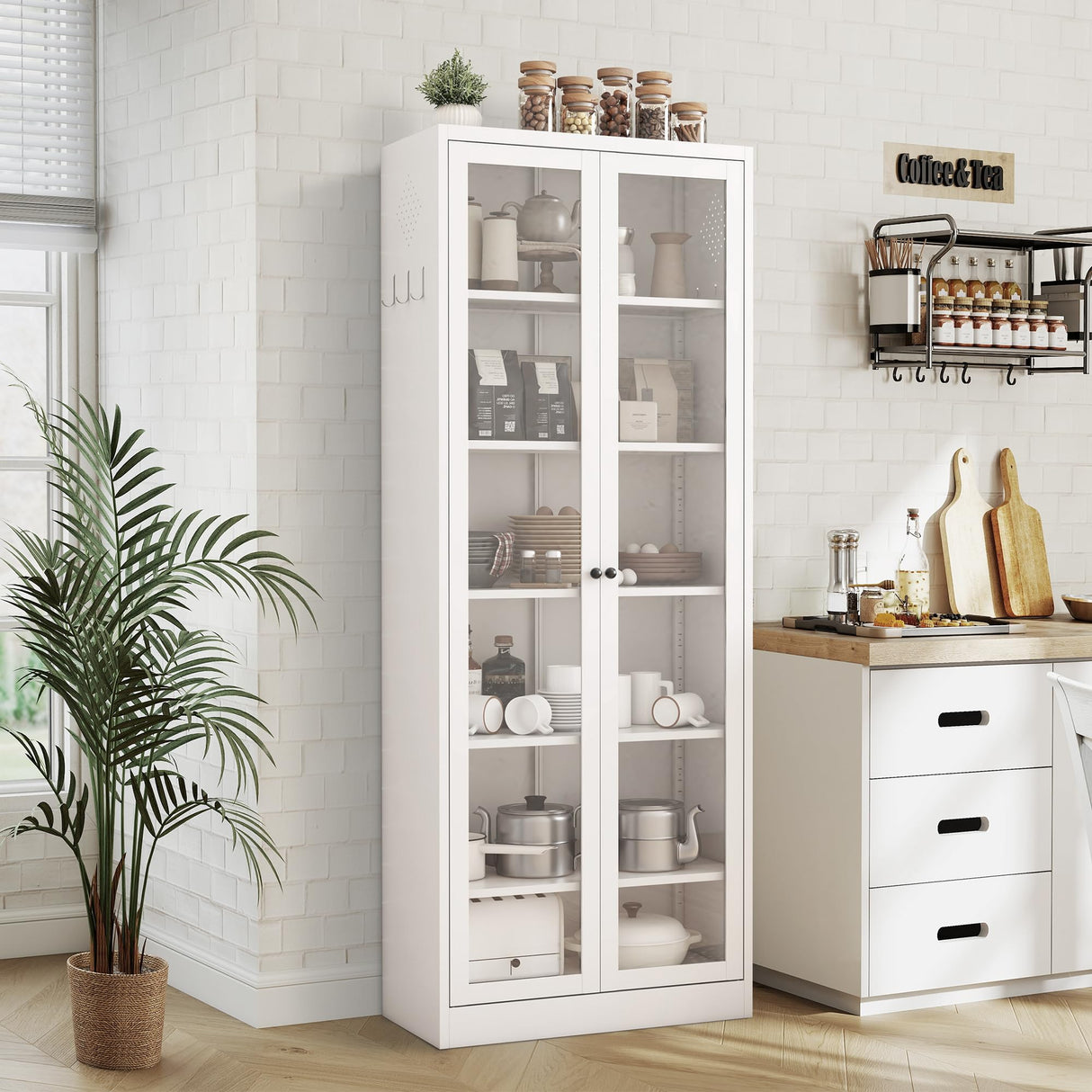 VIYET 72" Tall Kitchen Pantry Cabinet,White Metal Pantry Cabinet with 2 Doors & 5 Adjustable Shelves,Utility Storage Cabinet Rust-Resistant for Living Room,Dining Room,Bathroom,Garage,Basement VIYET