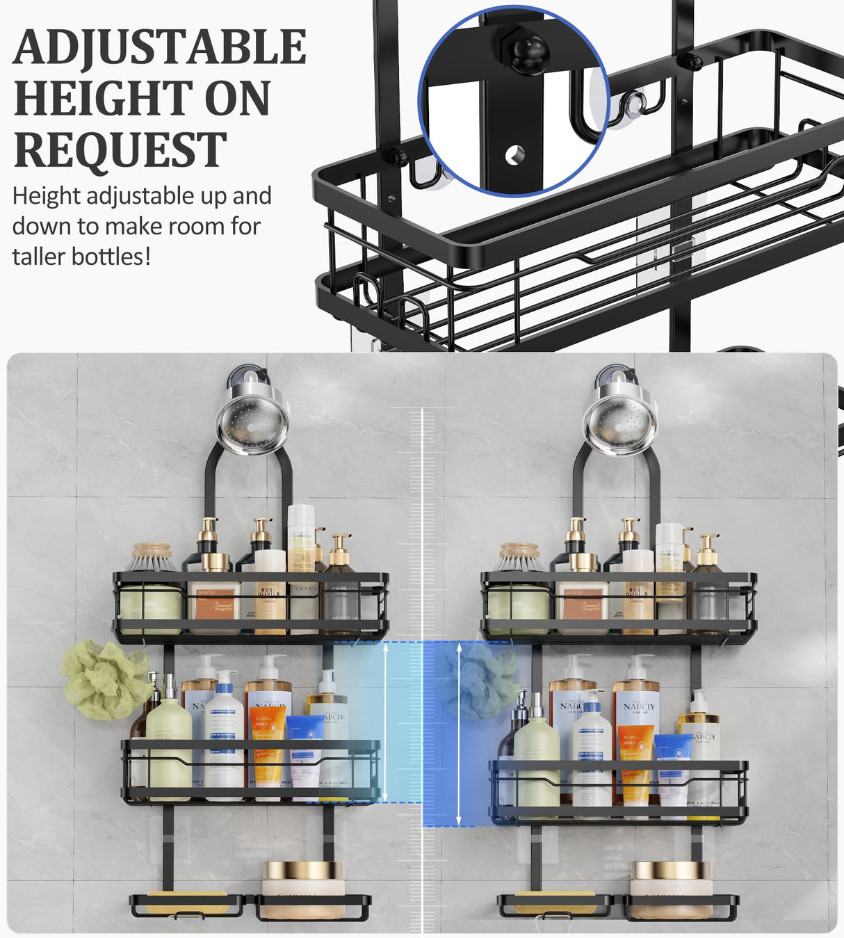 OMAIRA Shower Caddy Hanging with Soap Scrub Holder, Stainless Steel Adjustable No Drilling Non-Slip Large Capacity Sturdy Over Shower Head Shower Organizer Inside Shelves Bathroom Storage Rack, Black OMAIRA