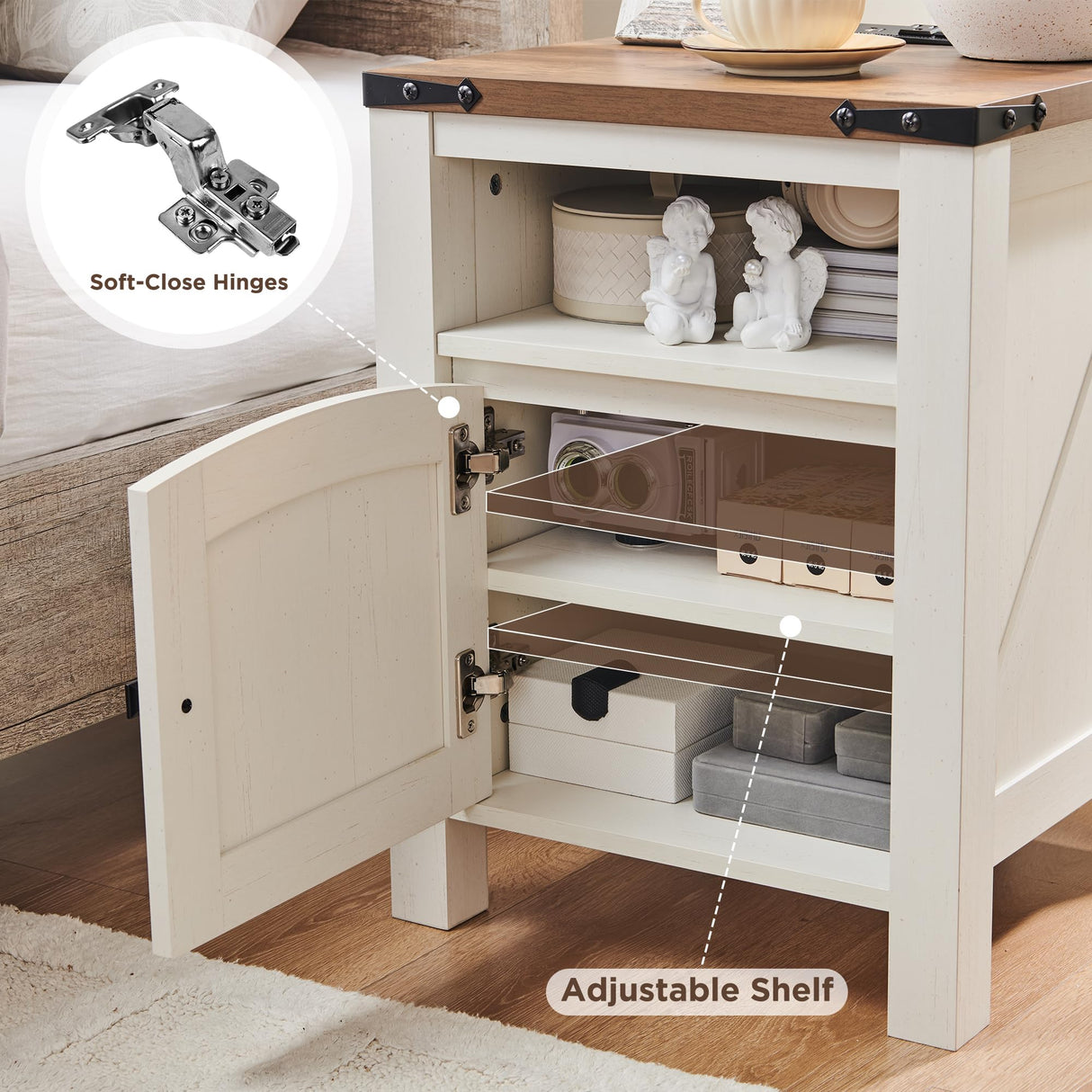 OKD Farmhouse Nightstand with Charging Station, 18" Rustic End Table with Adjustable Storage Shelf, Wood Rustic Wood Sofa Side Table for Bedroom OKD