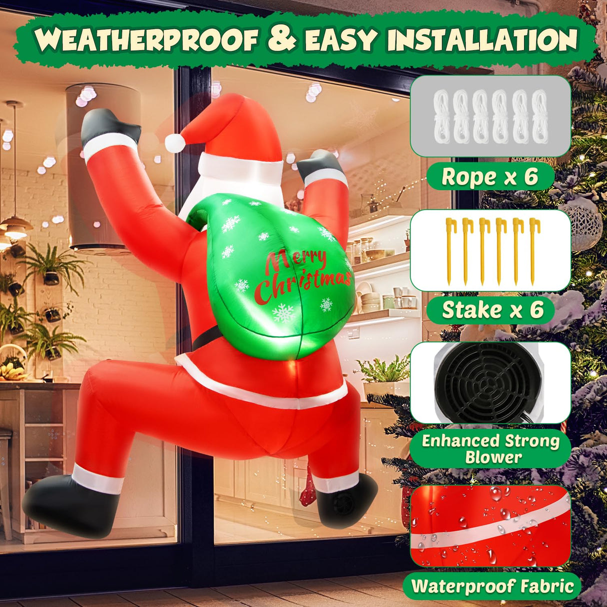 6FT Christmas Inflatable Decorations Hanging Santa Built-in Bright LEDs, Climbing Santa Claus with Gift Bag Christmas Roof Blow Up Yard Inflatables Decoration for Window Wall Outdoor Xmas New Year zukakii