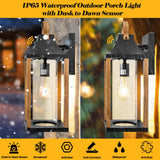 Roravilila Dusk to Dawn Outdoor Light Fixture Rustic Wood, 17” Large Outside Light for House Cylindrical Glass IP65 Waterproof Outdoor Lantern Scone Farmhouse Porch Light Exterior Wall Mounted Lamp Roravilila