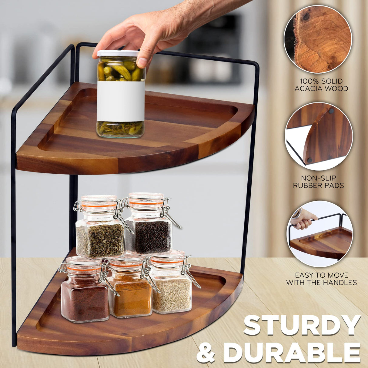 Demigo 2-Tier Acacia Wood Corner Counter Organizer - Elegant Storage Solution for Bathroom, Kitchen, and Vanity Demigo