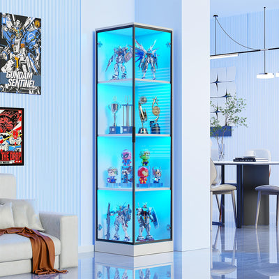 BROTTAR Corner Display Cabinet with Doors, 4-Tier Corner Shelf&Bookcase for Collectibles, Toys, Books, Display Case with 3 Color Light, for Playroom, Bedroom, Study Room, White