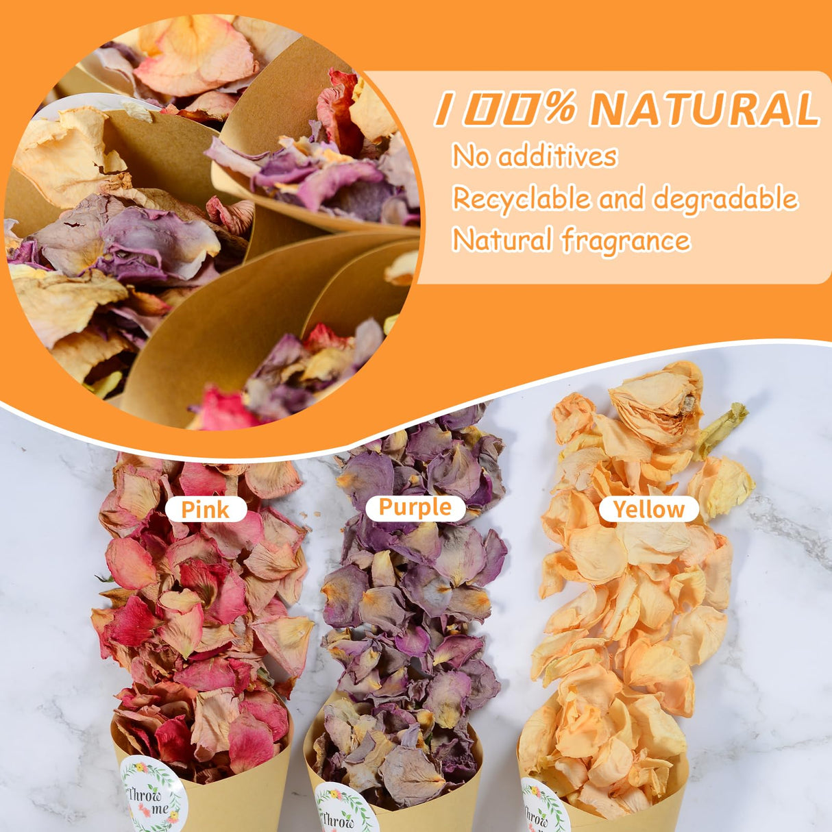 20+ Cups Real Rose Petals Biodegradable Wedding Flower Confetti, 2 QT Mixed Yellow Purple Pink Dried Roses Petals for Wedding Proposal Bath Valentine's Day Party Flower Girl Oning