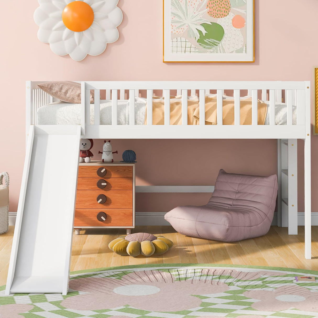 Harper & Bright Designs Full Size Low Loft Bed with Slide, High Guardrail & Ladder, Kids Wooden Full Loft Bed Frame for Girls,Boys, No Box Spring Needed, White Harper & Bright Designs