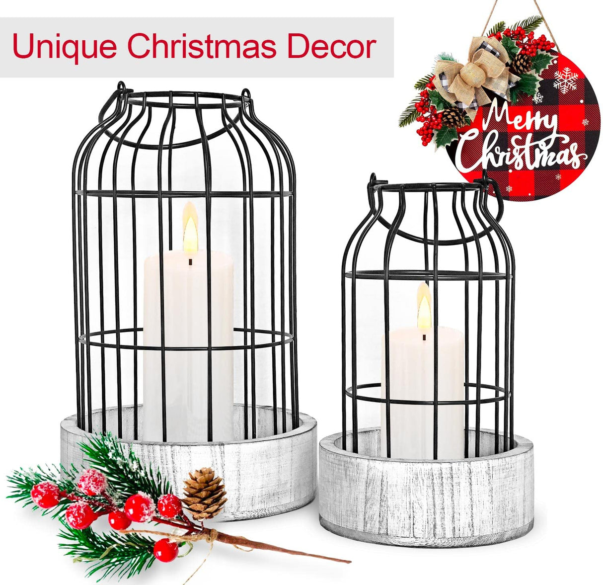 Livelab Modern Farmhouse Lantern Decor, [Refined] Rustic Home Decor Lanterns, Wire Metal Cloche Decorative Candle Holder for Living Room, Fireplace Mantle, Bathroom Countertop, Valentine's Day Decor Livelab