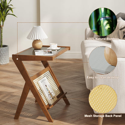 FILWH Bedside Table Side Table End Table Glass Small Table Bamboo Faux Rattan Computer Desk Bedroom Coffee Table with Storage for Study Living Room Bedroom Outdoor (Small 17.7")