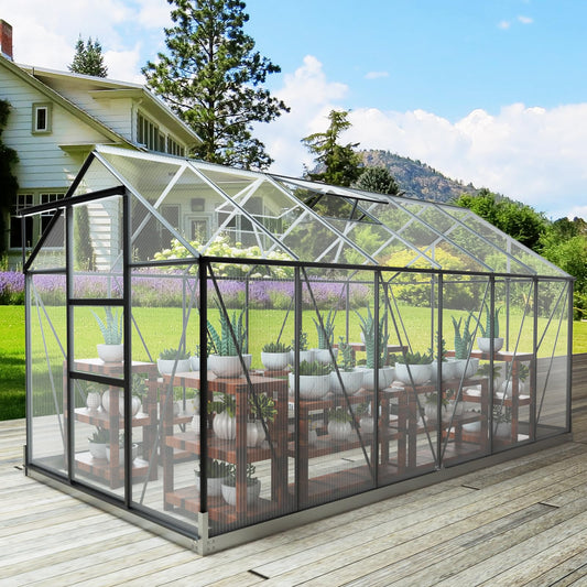 Polycarbonate Greenhouse, 6x12 FT Green Houses for Outside with 2 Vent Windows, Walk-in Aluminum Frame Greenhouse with Sliding Door, Greenhouses for Outdoors, Fit Sunroom Large Hot House