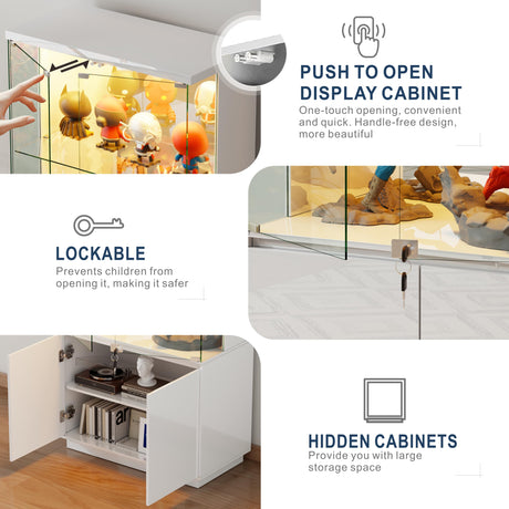 HNEBC 71'' Display Cabinet with Glass Doors&3 Color Lights&Lockable for Bedroom White,High Gloss Curio Cabinet with Adjustable Glass Shelf 3-Tier Bookcase for Living Room HNEBC