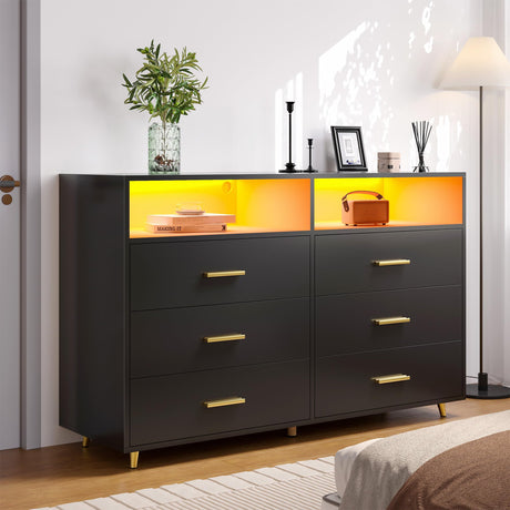 EnHomee Black Dresser for Bedroom with 6 Drawers and Shelves,Modern Wood Dresser with LED Lights,Large TV Stand,Hallway,47.3" W x 39.4" H x 15.8" D,Black EnHomee