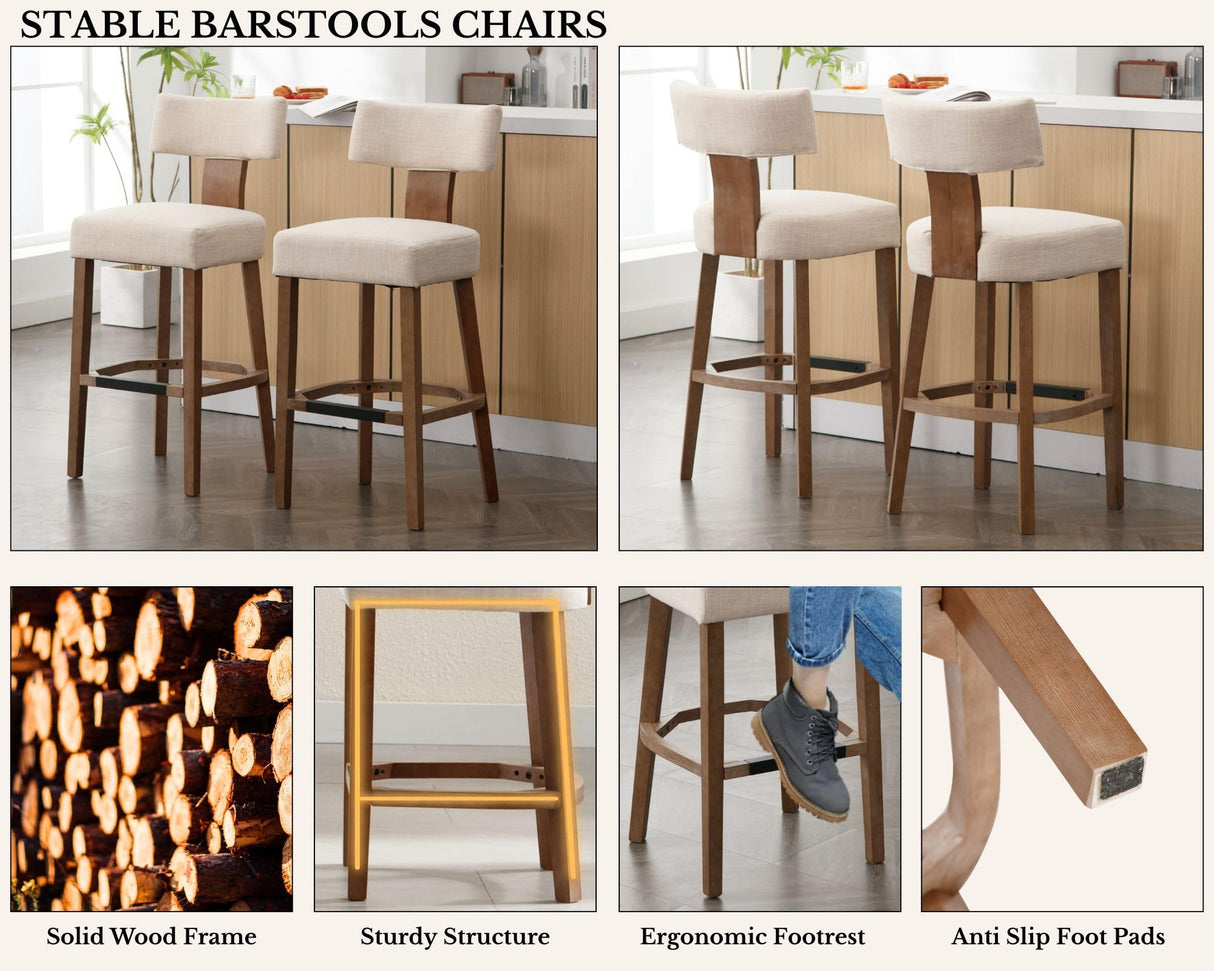 Farmhouse 30'' Extra Tall Bar Stools Set of 2 Modern Counter Height Barstools with Backs Rustic Wood Bar Stools Linen Upholstered Counter Chairs Kitchen Island Stool Chairs with Wood Frame, Beige LIVINOVA
