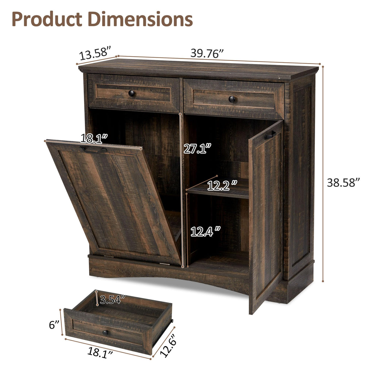 AHB 13 Gallon Tilt Out Trash Cabinet Free Standing Trash Bin Holder Recycling Cabinet with Hideaway Drawers, Pet Proof Garbage Can Cabinet for Kitchen Living Room, Rustic Brown AHB