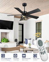 YOUKAIN Ceiling Fans With Lights, 48 Inch Farmhouse Ceiling Fans with Lights and Remote, 5-Reversible Blades with Matte Black/Wooden Finish, 48-YJ632-BKW YOUKAIN