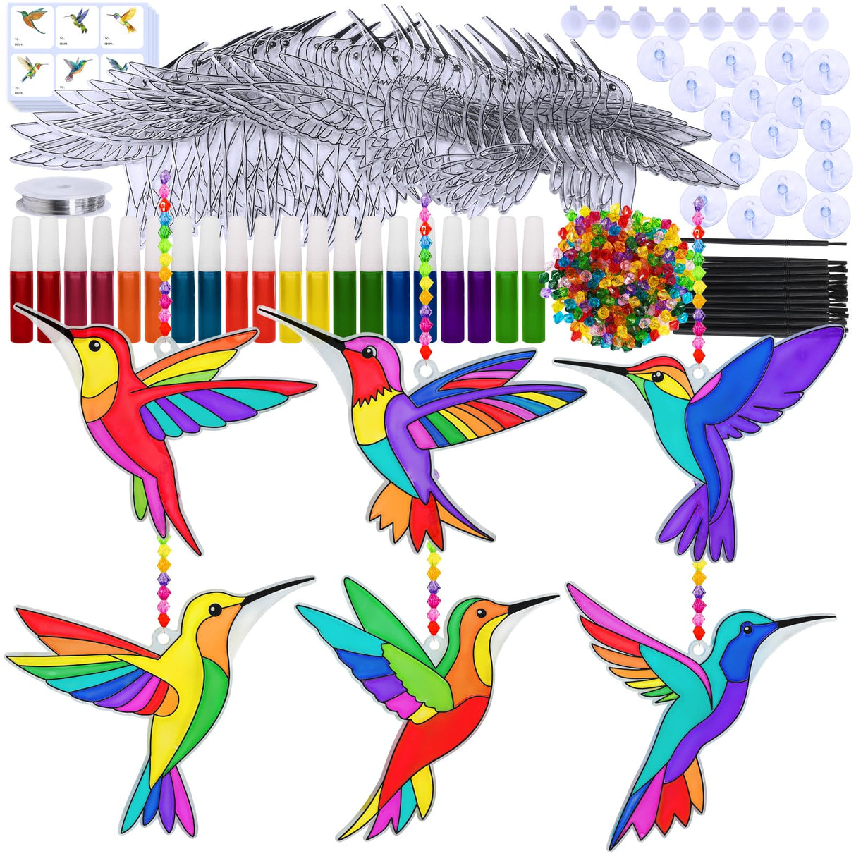 Winlyn 24 Sets Hummingbird Suncatcher Decorations DIY Window Paint Art Craft Kits Rainbow Bird Painting Kit for Kids Classroom Activities Birthday Spring Summer Camping Party Art Project Winlyn