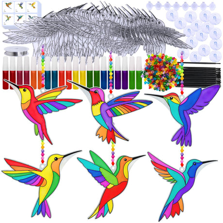 Winlyn 24 Sets Hummingbird Suncatcher Decorations DIY Window Paint Art Craft Kits Rainbow Bird Painting Kit for Kids Classroom Activities Birthday Spring Summer Camping Party Art Project Winlyn