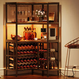 YITAHOME Large Corner Wine Rack, 63'' Corner Bar Cabinet with Power Outlet and LED Light, 5-Tier L Shaped Industrial Liquor Cabinets w/Glass Holder, Open Display Cabinet for Home, Brown YITAHOME