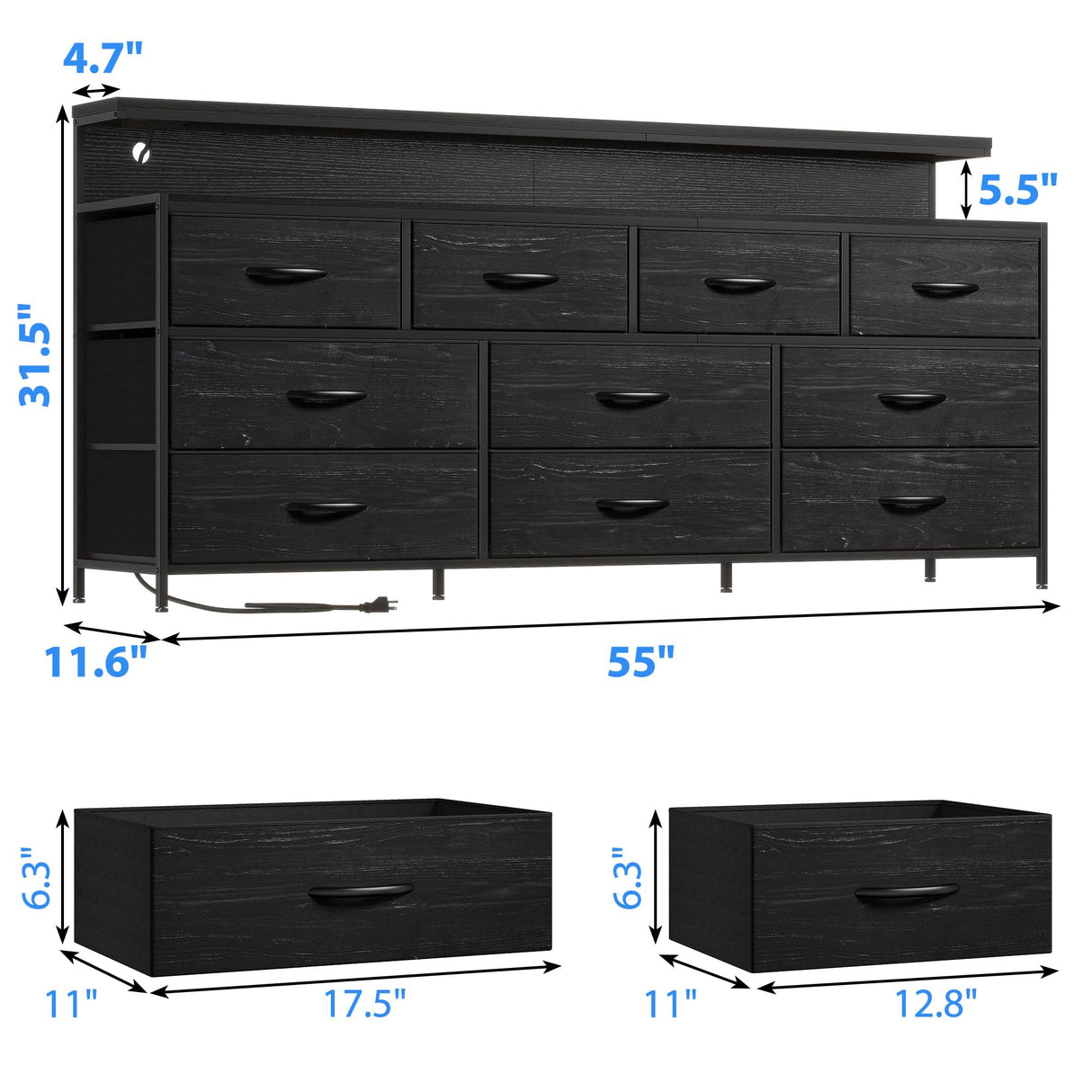 EnHomee 55" W Dresser for Bedroom with 10 Drawers Long Dresser with LED Lights & Power Outlets Wide Dressers & Chests of Drawers Large Dresser for Bedroom Dresser Metal Frame, Wood Top, Charcoal Black EnHomee