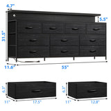 EnHomee 55" W Dresser for Bedroom with 10 Drawers Long Dresser with LED Lights & Power Outlets Wide Dressers & Chests of Drawers Large Dresser for Bedroom Dresser Metal Frame, Wood Top, Charcoal Black EnHomee