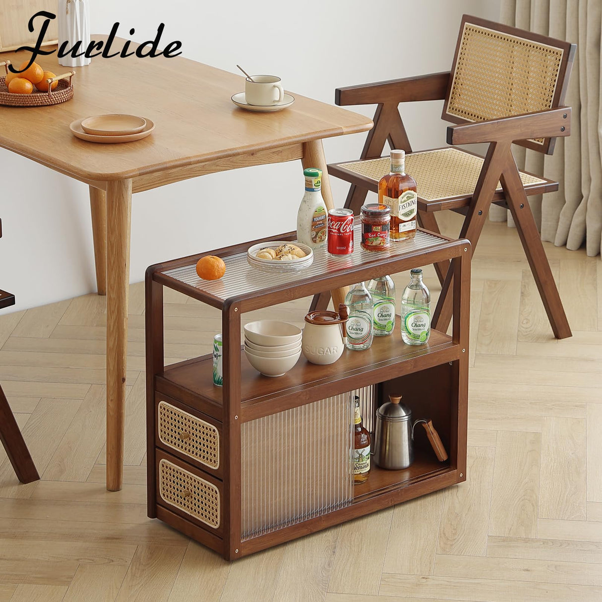 Furlide Rattan Side Table with Storage, Bamboo Nightstand Bedside Table, Glass Mid Century Modern End Tables for Small Spaces, Living Room, Bedroom，Walnut Furlide