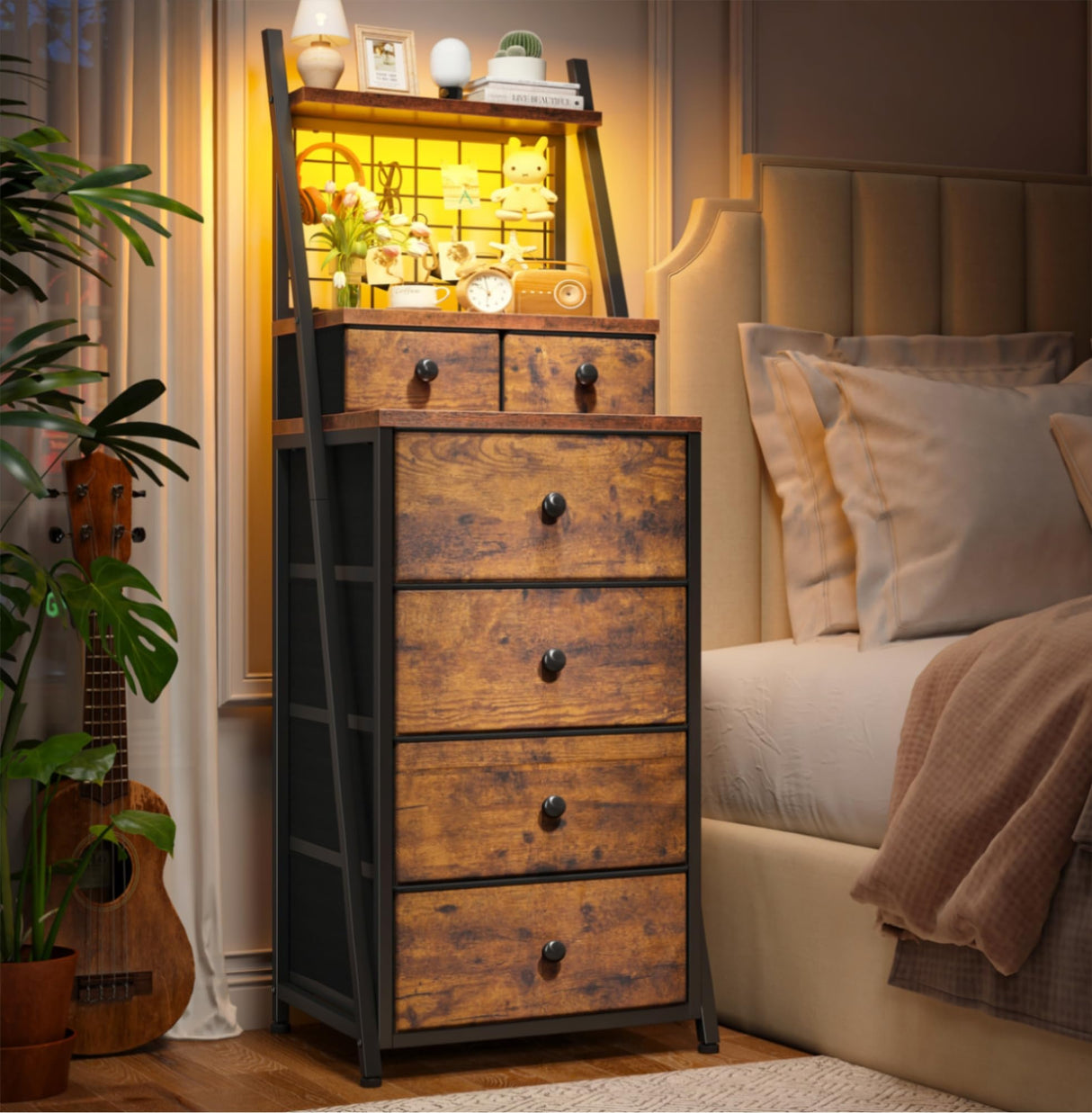 EnHomee Vertical Dresser for Bedroom 6-Drawer LED Dressers & Chest of Drawers Sturdy Bedroom Dressers with Grid for Living Room,Closet,Entryway,Dorm,Rustic Brown EnHomee