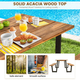 Tangkula Wooden Picnic Table, Outdoor Acacia Wood Picnic Table with 2 Built-in Benches, Umbrella Hole, Steel Frame, Outside Table and Bench Set for Garden, Backyard, Porch, Patio Tangkula