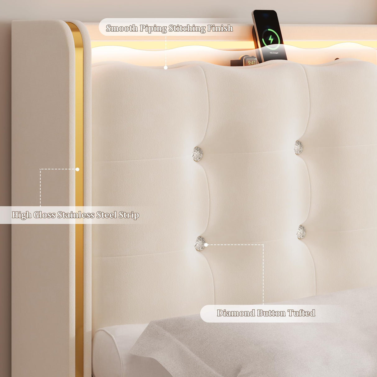 HITHOS Upholstered Full Led Bed Frame with Charging Station and Storage Drawers, Velvet Princess Platform Bed Frames with Crystal-Button Tufted Headboard for Girls and Kids, No Box Spring Need, Beige HITHOS