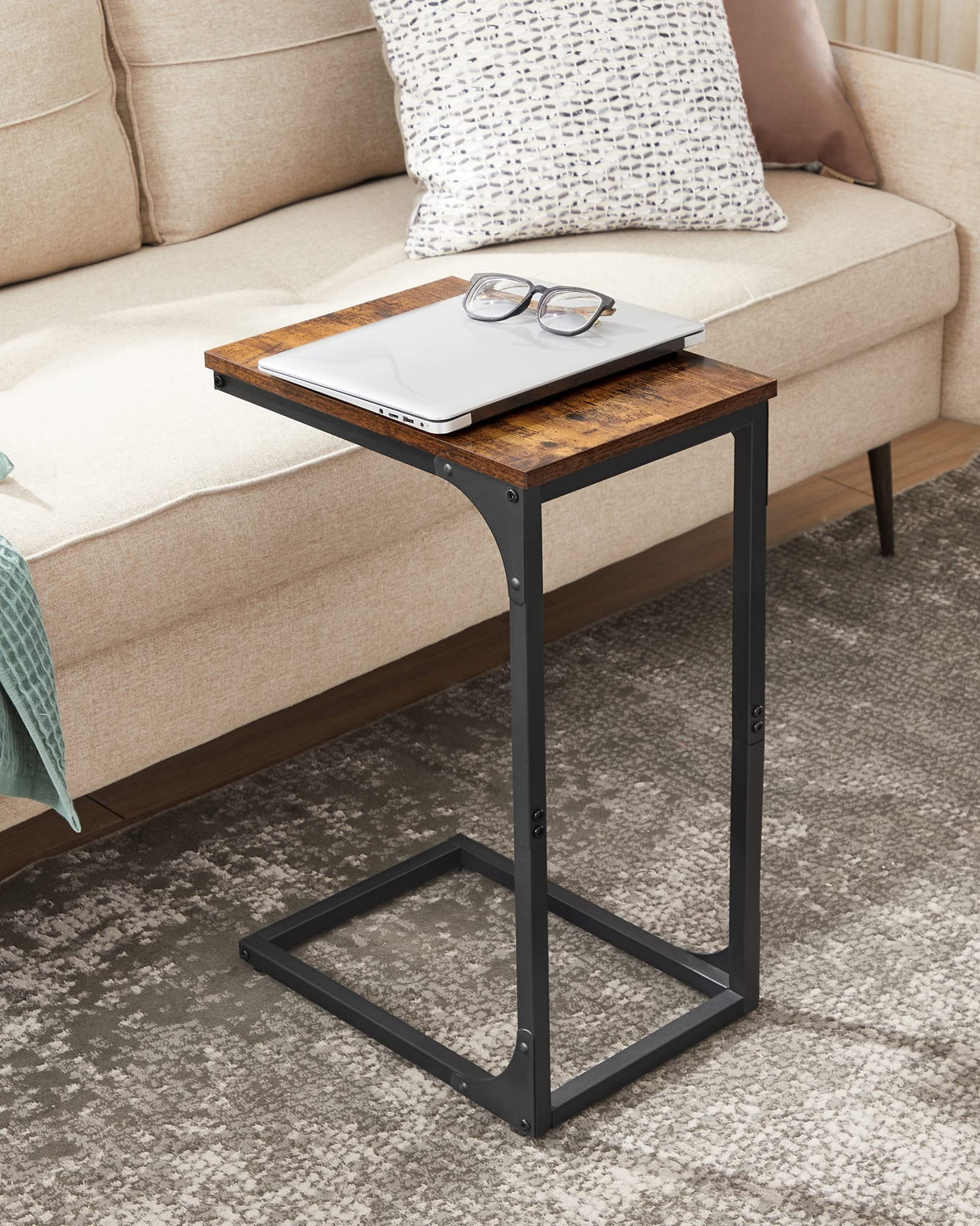 VASAGLE C-Shaped End Table, Small Side Table for Couch, Sofa Table with Metal Frame for Living Room, Bedroom, Bedside, Rustic Brown and Black VASAGLE