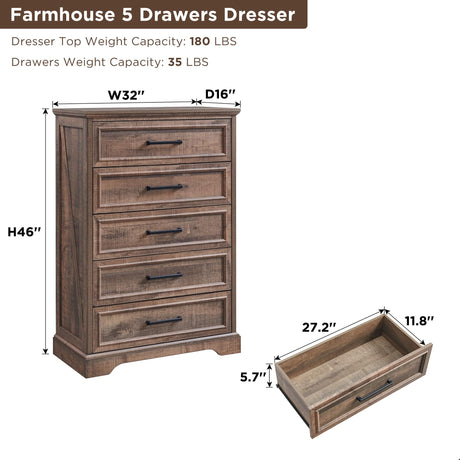 ACCOHOHO Farmhouse 5 Drawers Dresser Chests for Bedroom,46" Tall Wood Rustic Chest of Drawers with Wide Metal Handle,Natural Texture,Drawer Organizer for Bedroom,Living Room,Hallway and Entryway,LB ACCOHOHO