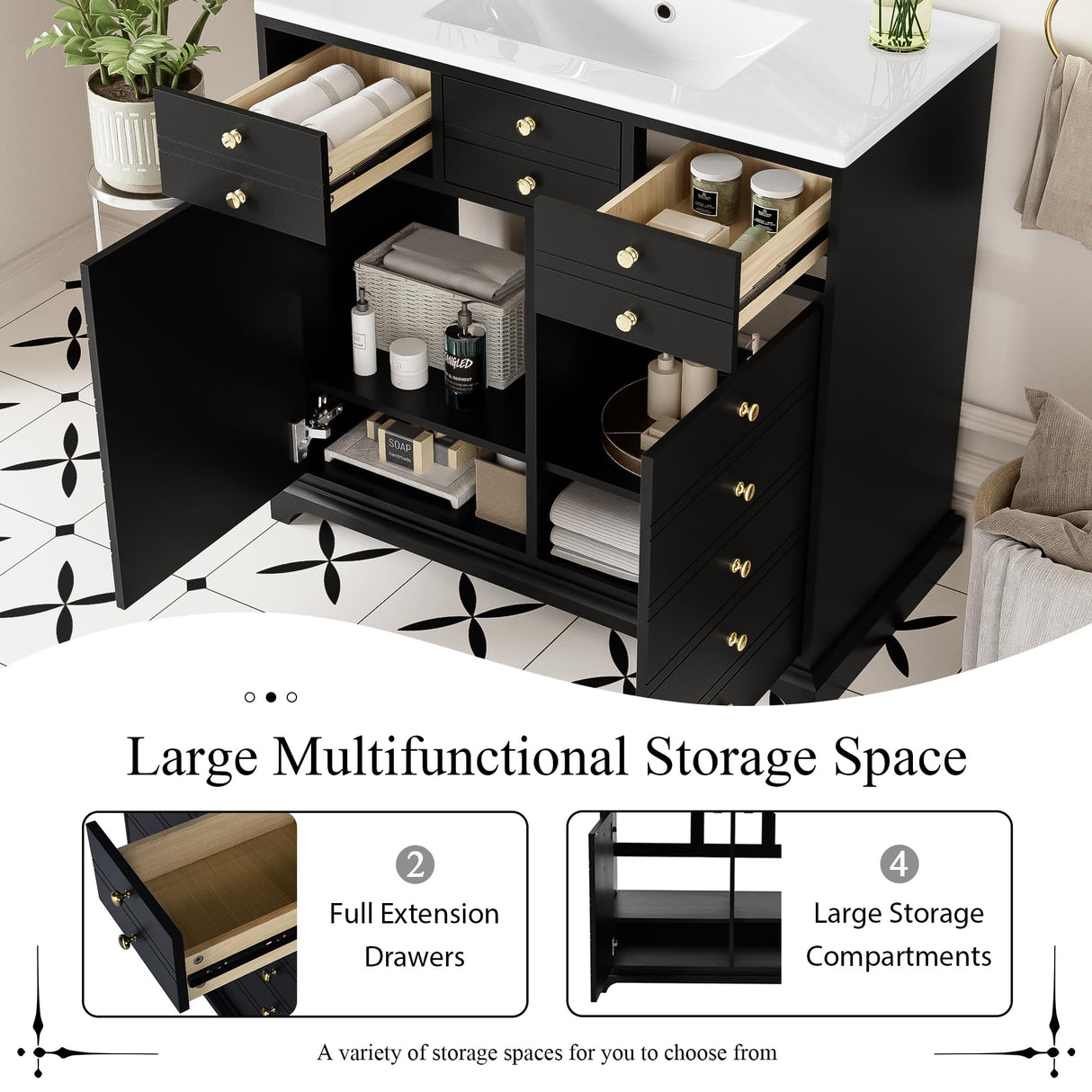 Merax 36" Farmhouse Bathroom Vanity with Sink, Single Sink Freestanding Modern Bathroom Vanity Storage Cabinet with 2 Drawers and 2 Cabinets, Solid Bracket Feet, Black Merax