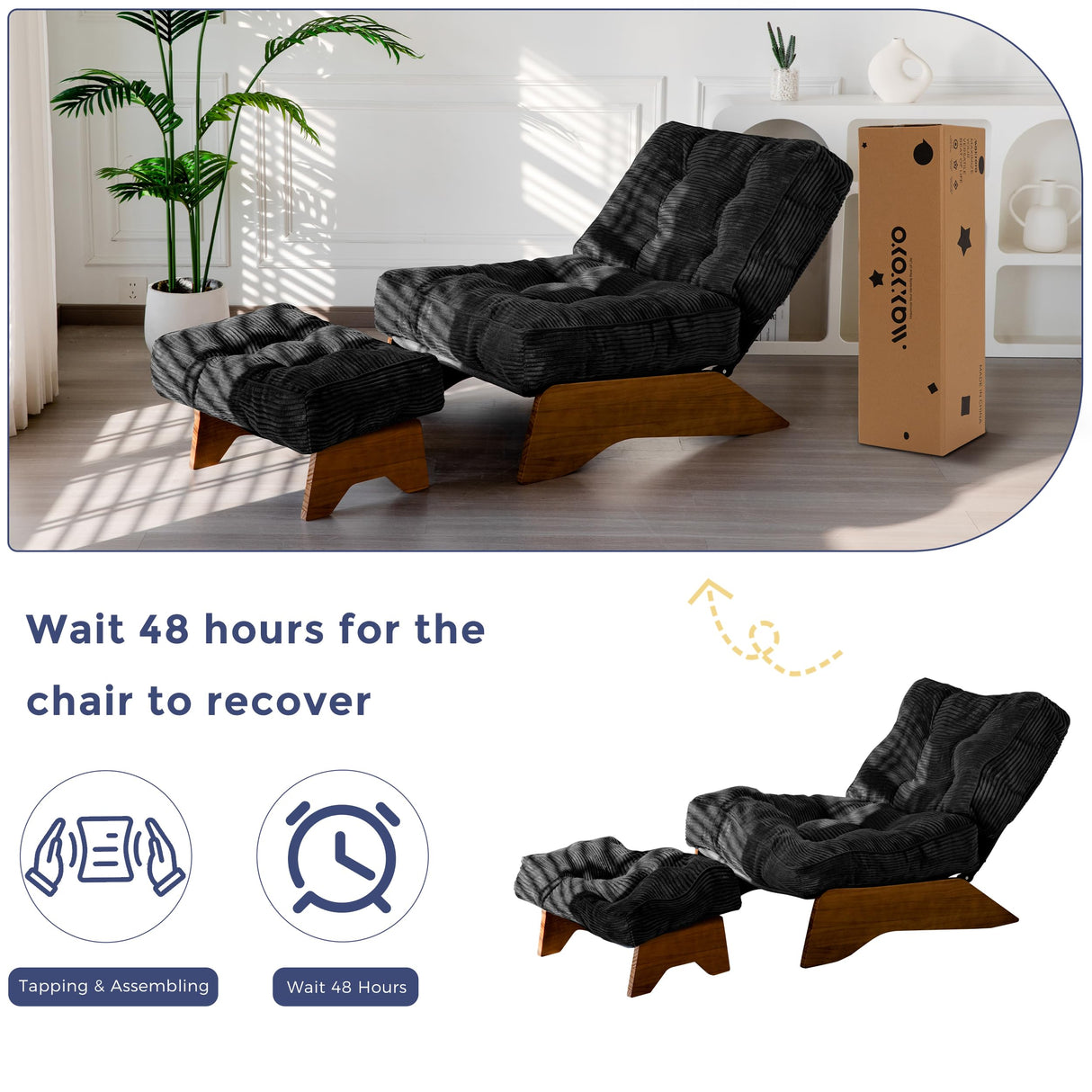 MAXYOYO Accent Chair with Ottoman Adjustable Backrest, Tufted Living Room Chair Upholstered Lounge Chair with Footrest Set, Modern Chair Cozy Reclining for Reading Room, Black MAXYOYO