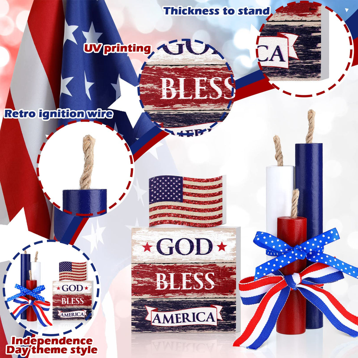 Amyhill 5 Pcs 4th of July Table Decorations Patriotic Table Centerpieces Rustic Independence Day Wood Firework Signs Tiered Tray Decor Rustic God Bless America Decor (American Flag) Amyhill