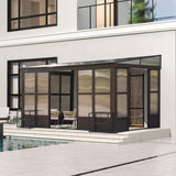 Domi 10x14FT Wall Mounted Sunroom Gazebo, Aluminum Enclosed Gazebo with 2 Lockable Sliding Doors,Sloping Polycarbonate Roof&Moveable PVC Screen, Outdoor Sun Room Lean to Gazebo for Deck Patio domi outdoor living