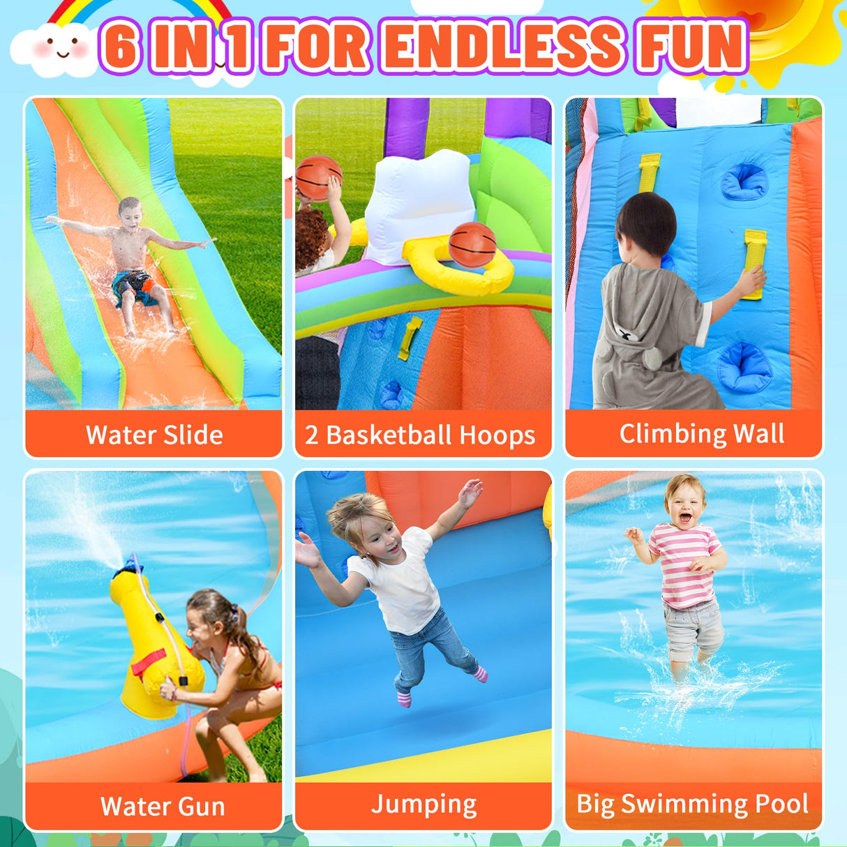 Easyair Inflatable Bounce House Water Slide for Kids, Rainbow Cloud Splash Pool, Indoor Or Outdoor Bouncy Castle, Climbing Wall, 2 Basketball Hoops, Jumper Included 470W Blower Easyair