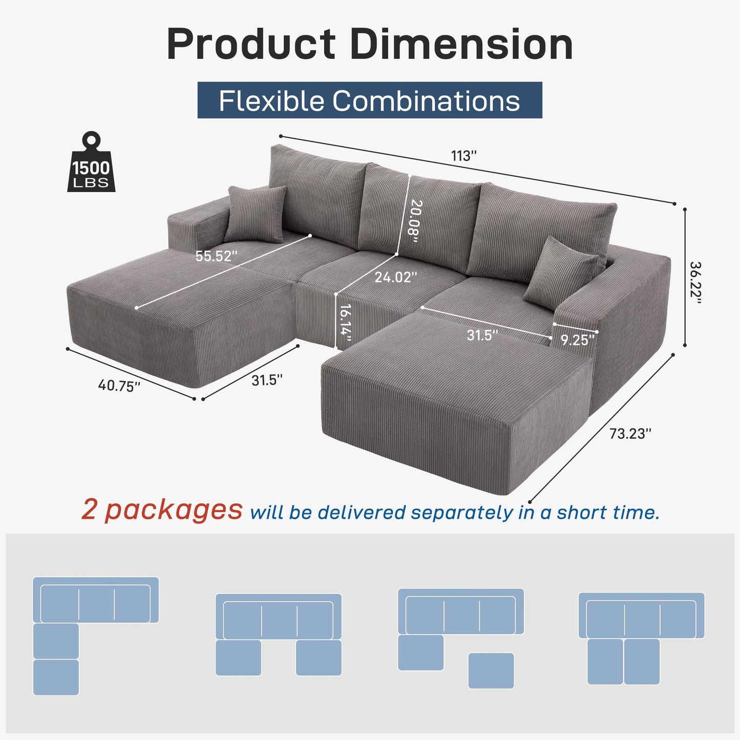 Sectional Modern Sleeper Sofa Couches for Living Room-113'' Grey 3 Seater U-Shaped Lounge Cloud Couch-No Assembly Modular Corduroy Convertible Sponge Compression Sofas with Chaise for Home House