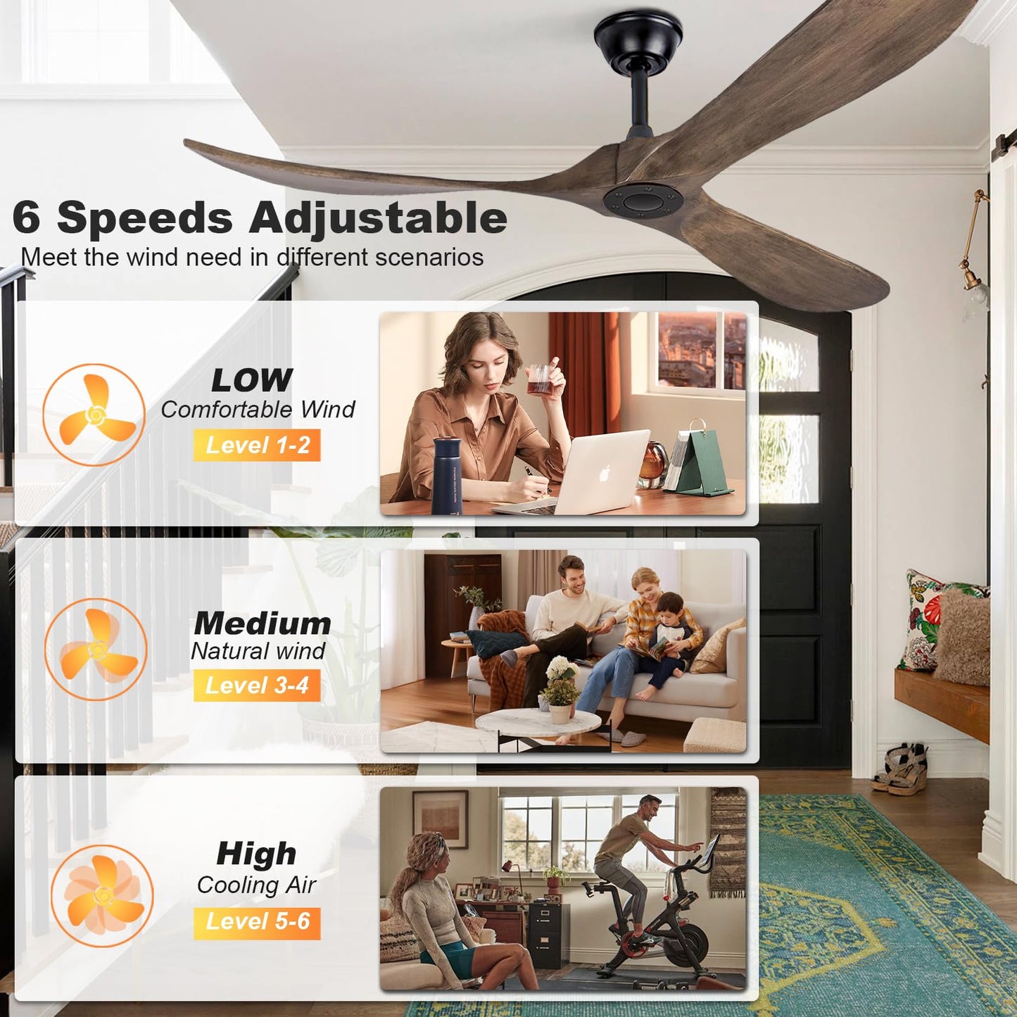 60 Inch Solid Wood Ceiling Fan No Light,Propeller Outdoor Ceiling Fans Without Lights with Wall Switch and Remote Control,Quiet DC Motor,3 Blades Ceiling Fan for Patios,Living Room,Bedroom