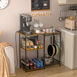 Rustic Brown 5-Tier Kitchen Stand with Pots Rack and 6 S Hooks - Multifunctional Storage Solution for Microwaves and Coffee Bars 3IngSeagulls