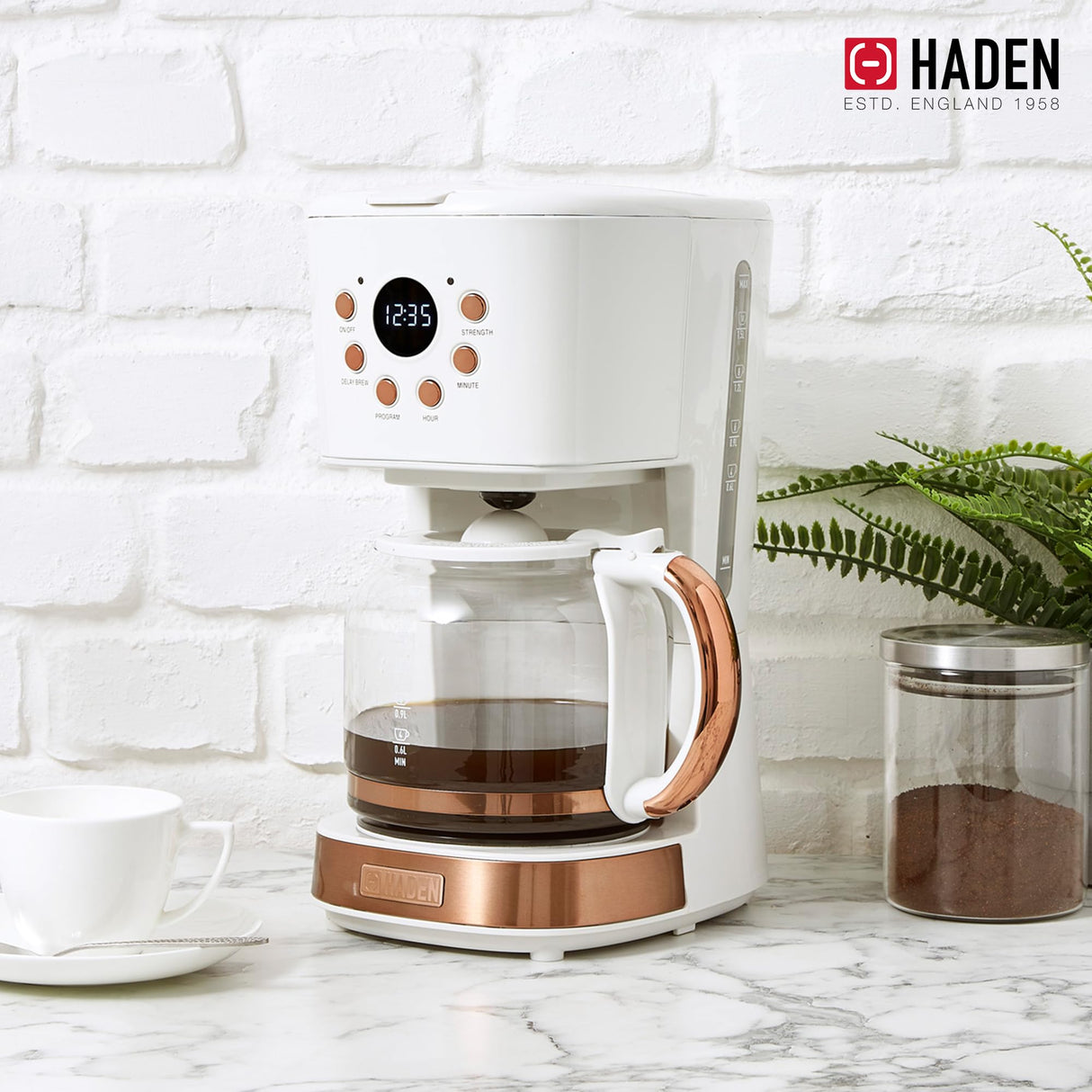 Haden Coffee Machine, 12 Cup Programmable Drip Coffee Maker with Auto Shut-Off Function and Reusable Washable Water Filter, Ivory & Copper HADEN