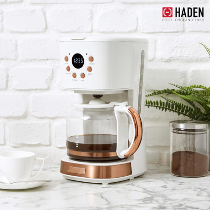 Haden Coffee Machine, 12 Cup Programmable Drip Coffee Maker with Auto Shut-Off Function and Reusable Washable Water Filter, Ivory & Copper