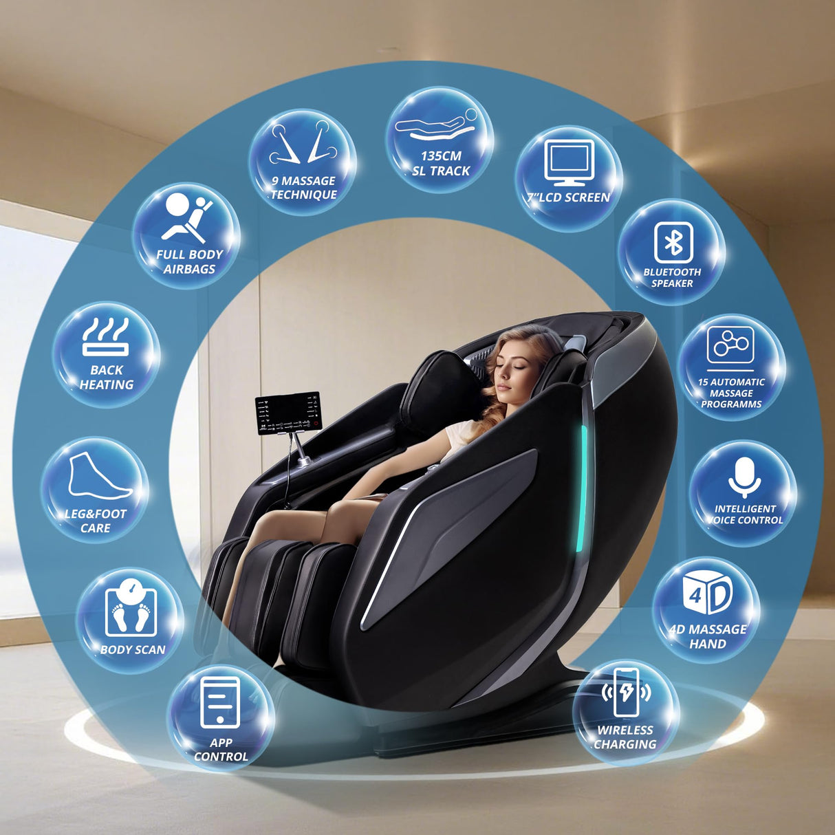 HealthRelife 4D Massage Chair Full Body Zero Gravity Full Body SL Track Intelligent Voice Control Bluetooth Speaker with Heated, Black HealthRelife