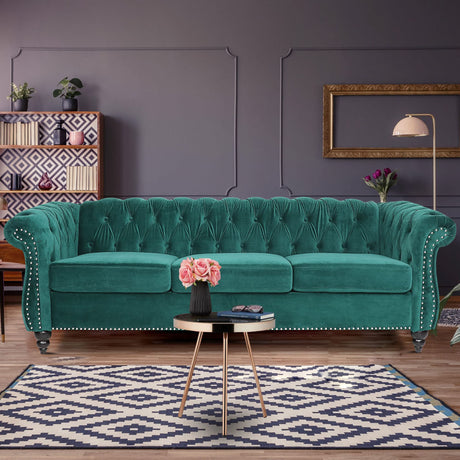 Chesterfield Sofa Velvet, Modern Tufted Couch 3 Seater with Rolled Arms and Nailhead for Living Room, Bedroom, Office, Apartment (Green) ORRD