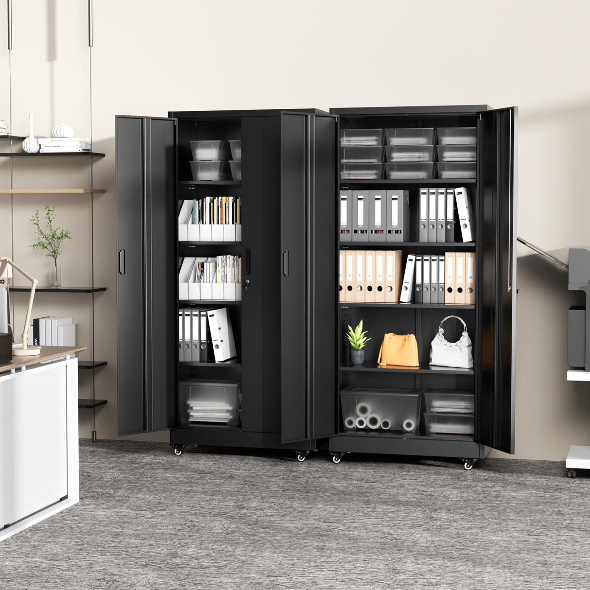 Greenvelly Metal Storage Cabinet with Wheels, 73” Black Metal Rolling Garage Cabinet with 2 Door and Adjustable Shelves,Locking Storage Cabinets for Garage Home Office Utility Room Greenvelly