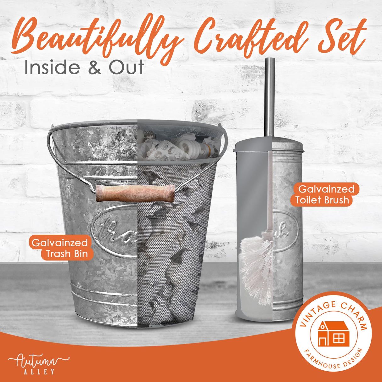 Autumn Alley Farmhouse Bathroom Trash Can and Toilet Brush Set - Rustic Bathroom Accessories for Charming Bathroom Décor, Galvanized, Grey Autumn Alley