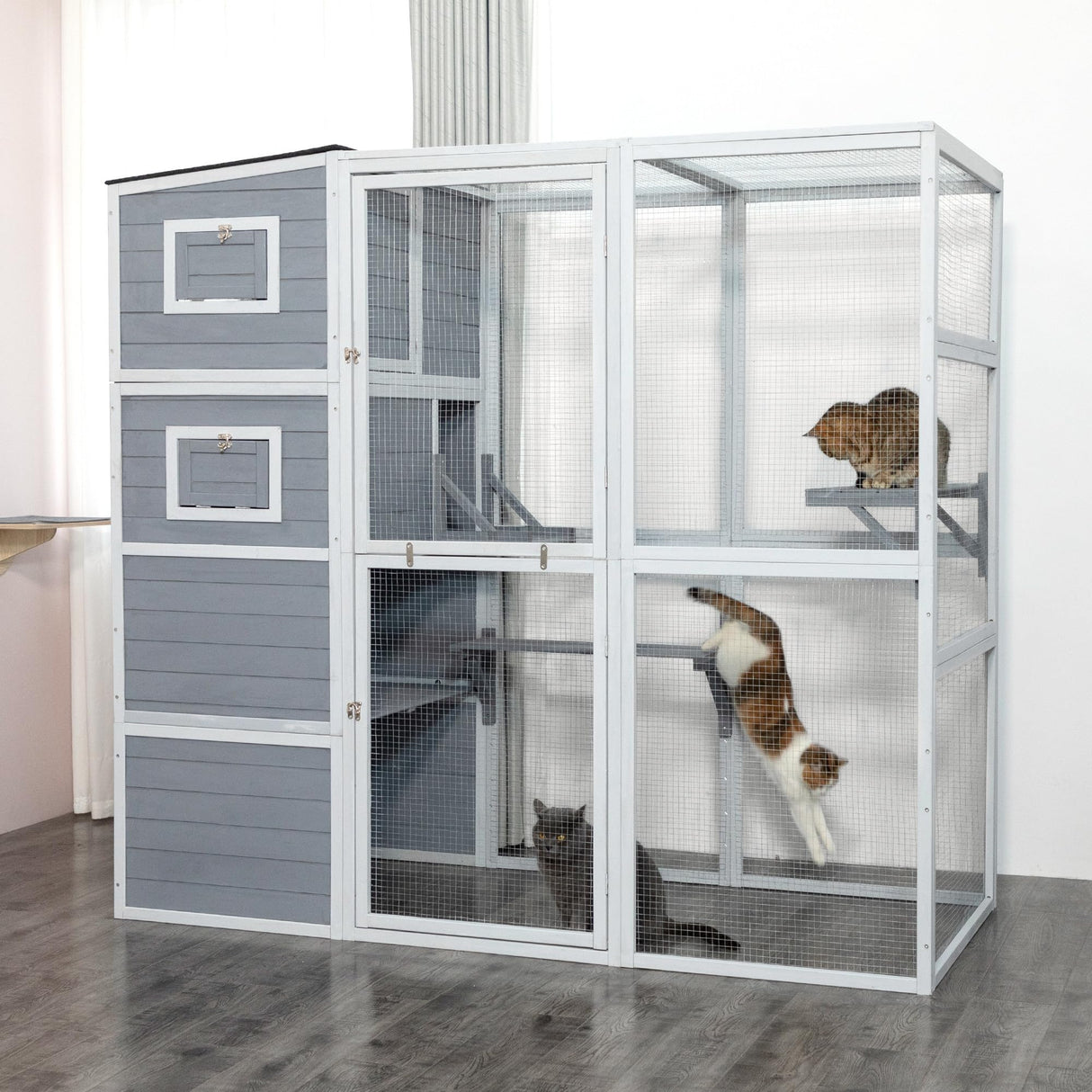 Outdoor Cat Catio, Large Cat Enclosure Cat House Weatherproof, 2 Resting Rooms, 4-Tier Cat Cage Catio for Cats w/ 2 Platforms, Wood Nyeekoy