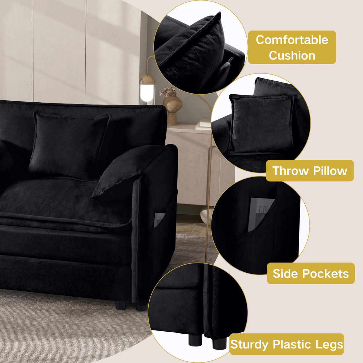 KEIKI 41" Cloud Couch Sofa Chair-Oversized Single Sofa with Storage, Modern Upholstered Deep Seating Armchair W/Pillow, Chenille Accent Chair for Living Room Bedroom Office, Black KEIKI