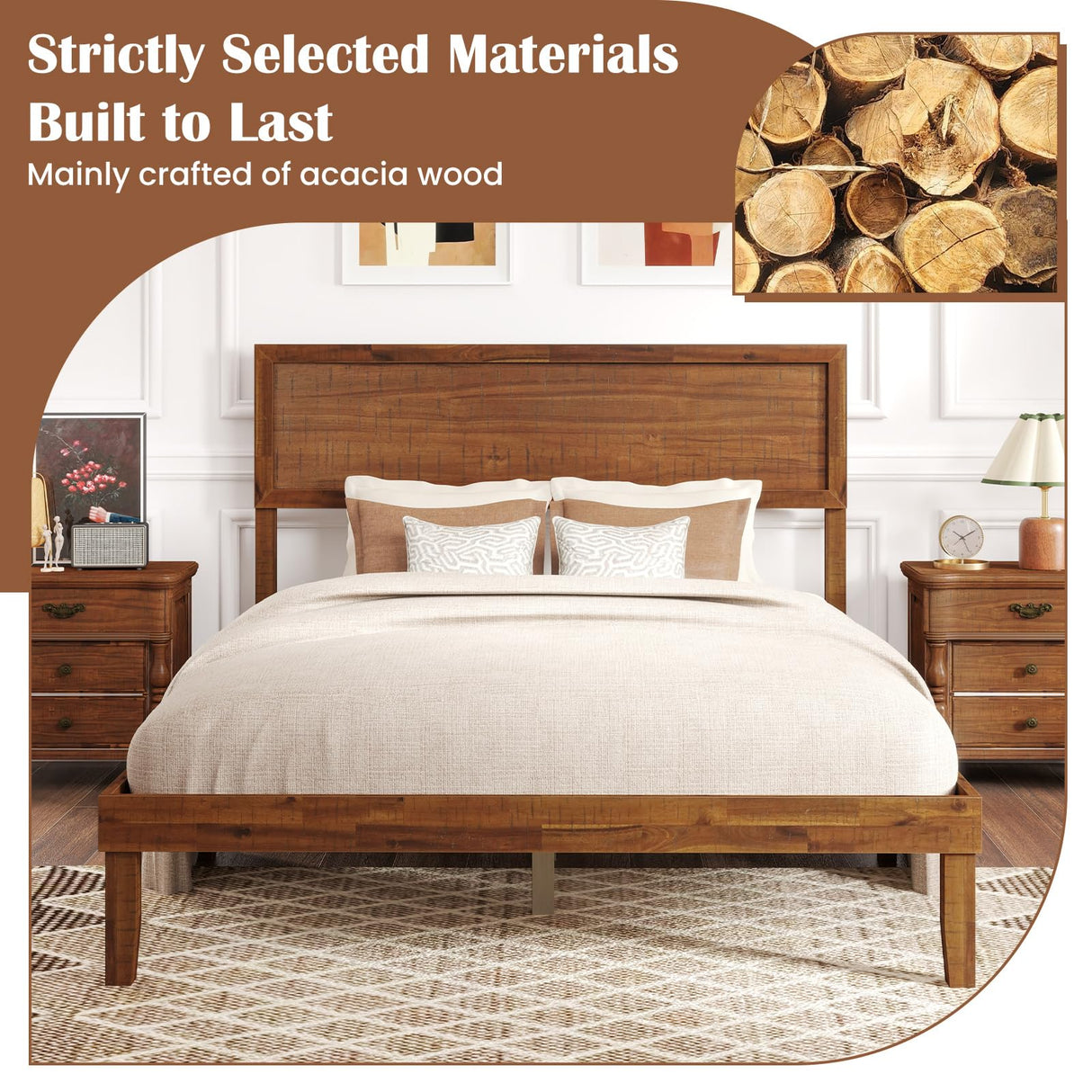 Giantex Wood Full Size Bed Frame with Headboard, Mid Century Modern Platform Bed Full with Solid Wood Legs & Wooden Slat Support, Easy Assembly, No Box Spring Needed, Walnut Giantex