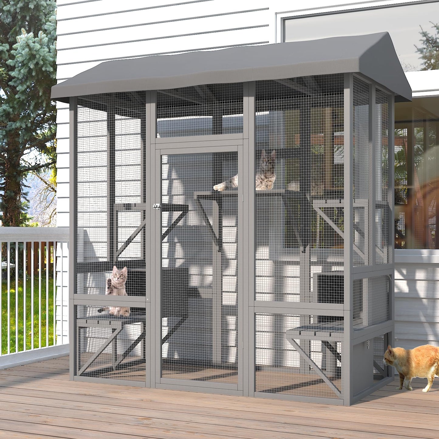 TIMHAKA 72 Inch Cat Catio, Large Catio Outdoor Cat Enclosure with Sunshine Panel Roof and Waterproof Cover, Walk-in Wooden Cat House for Patio with 7 Platforms & 2 Resting Box, Grey Feral Kit - WoodArtSupply