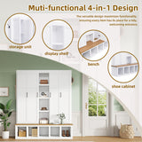 LUMISOL 4-in-1 Farmhouse Hall Tree with Wood Grain Bench and 8 Open Compartments, 62.9" Wide Entryway Bench with Storage Unit and 6 Hooks, Rustic Coat Rack for Hallway Living Room, White LUMISOL