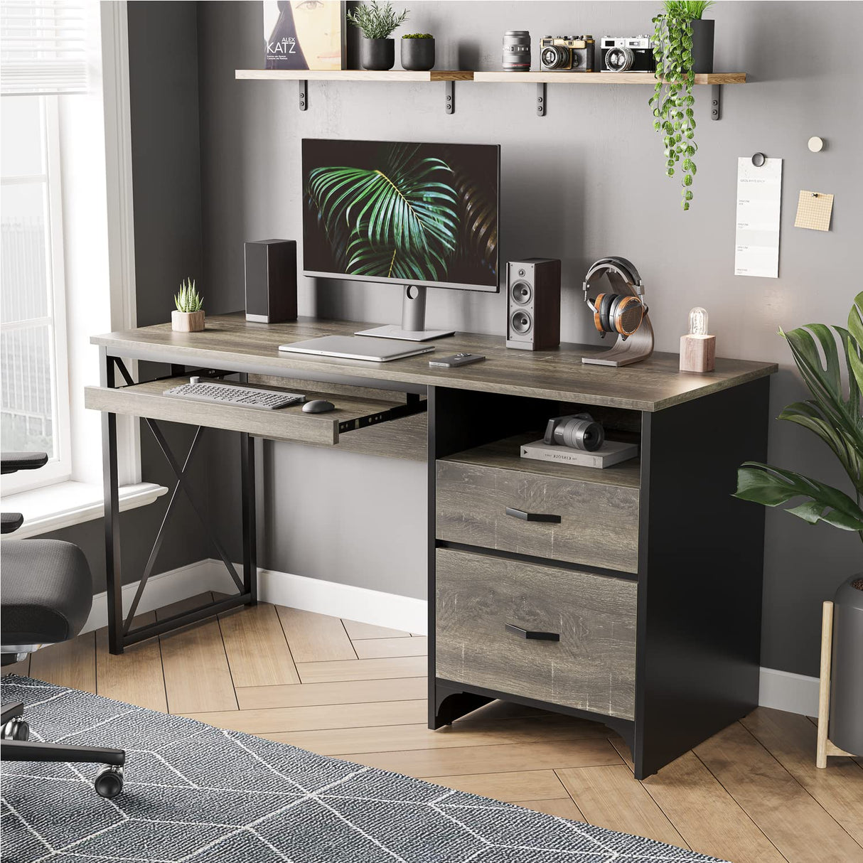 Bestier Office Desk with Drawers, 55 inch Industrial Computer Desk with Storage, Wood Teacher Desk with Keyboard Tray & File Drawer for Home Office, Dark Gray Oak Bestier