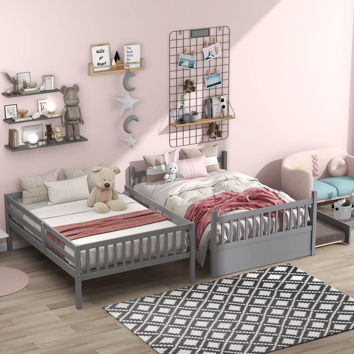 Rophefx Full Over Full Bunk Bed with Trundle, Wood Convertible Bunk Beds for Kids, Bunkbed Frame with Safety Rails and Ladders, Bunk Beds for for Adult, Teens, Grey Rophefx